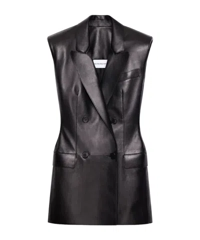 Givenchy Double-breasted Sleeveless Jacket In Leather In Black