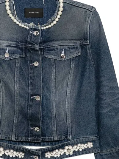 Simone Rocha Embellished Fitted Waist Denim Jacket In Blue