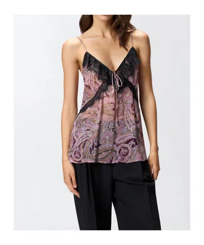 Pinko Lace And Metalized Detail V Neck Top In Brown