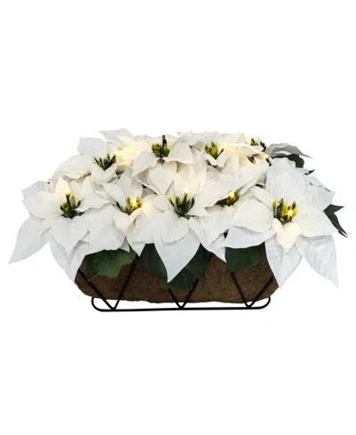Puleo 24" Pre-lit Artificial White Poinsettia Window Box Decor In White