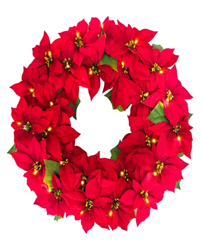 Puleo 24" Pre-lit Artificial Red Poinsettia Wreath In Red