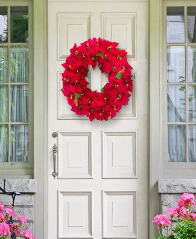 Puleo 24" Pre-lit Artificial Red Poinsettia Wreath In Red