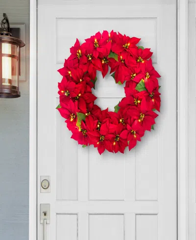 Puleo 24" Pre-lit Artificial Red Poinsettia Wreath In Red