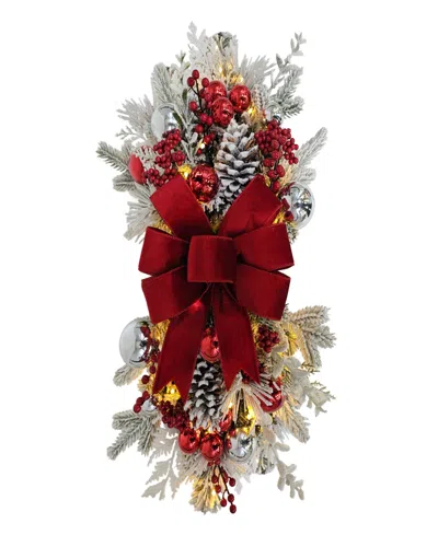 Puleo 28" Pre-lit Adorned Flocked Artificial Banister Swag In Red