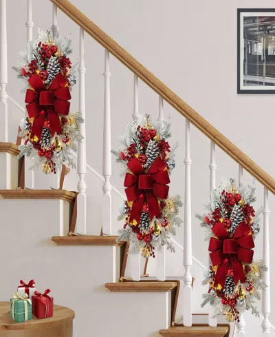 Puleo 28" Pre-lit Adorned Flocked Artificial Banister Swag In Red