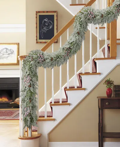 Puleo 10" Artificial Flocked Garland Adorned With Pinecones And Red Berries In Green
