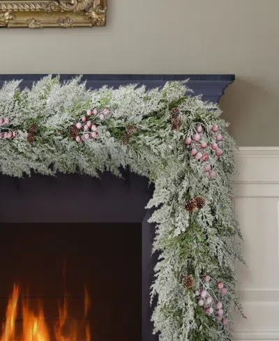 Puleo 10" Artificial Flocked Garland Adorned With Pinecones And Red Berries In Green