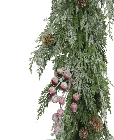 Puleo 10" Artificial Flocked Garland Adorned With Pinecones And Red Berries In Green