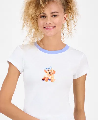 Just Polly Juniors' Pointelle Short-sleeve Top In White
