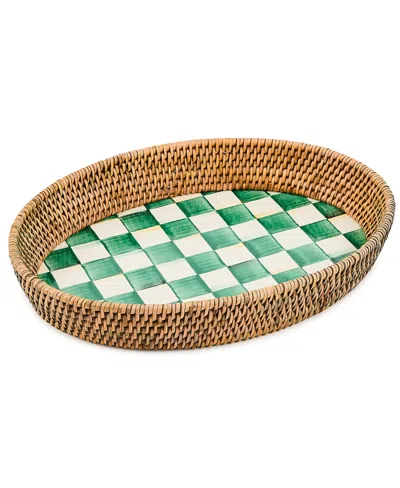 Mackenzie-childs Emerald Check Enamel And Rattan Large Tray In Green
