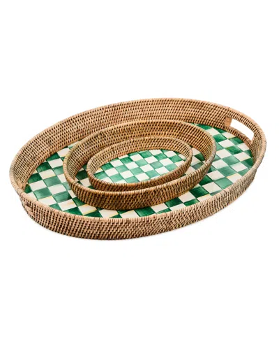 Mackenzie-childs Emerald Check Enamel And Rattan Large Tray In Green