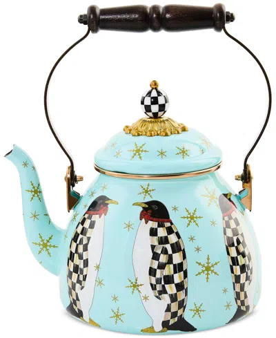 Mackenzie-childs Penguin Parade Enameled 2-quart Tea Kettle In Blue