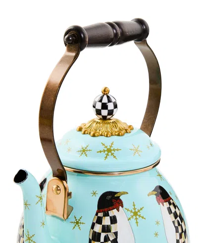 Mackenzie-childs Penguin Parade Enameled 2-quart Tea Kettle In Blue