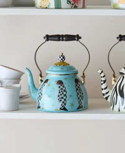 Mackenzie-childs Penguin Parade Enameled 2-quart Tea Kettle In Blue