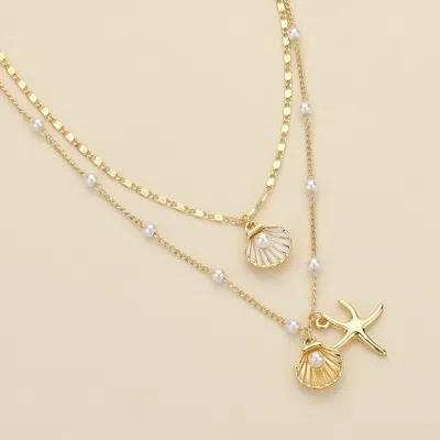 Fashnzfab Pearl Shell Metal Starfish Pendant Pearl Station Chain Layered Necklace In Gold