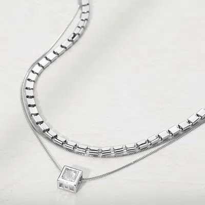 Fashnzfab Square Stone Bezel Pendant Accent Geometric Chain Layered Necklace In Metallic