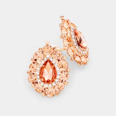 Fashnzfab Pave Trim Crystal Teardrop Evening Clip On Earrings - Peach, Rose Gold In Gold
