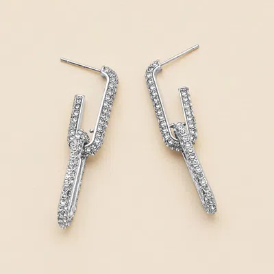 Fashnzfab Semi Fine Collection - 18k White Gold Dipped Cz Stone Paved Paperclip Linked Dangle Earrings - White In Metallic