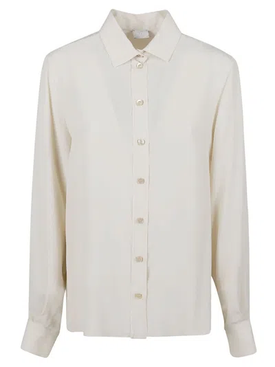Eleventy Classic Beige Stretch Silk Blend Shirt With French Bee Collar In White