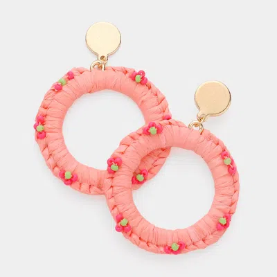 Fashnzfab Seed Bead Embellished Raffia Open Circle Dangle Earrings - Pink In Gold