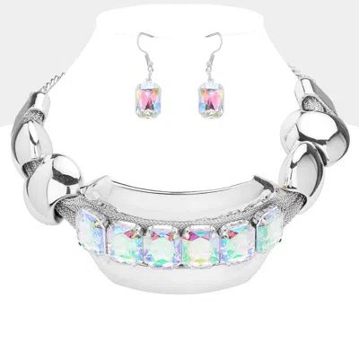 Fashnzfab Chunky Rectangle Glass Stone Cluster Accented Pendant Pointed Statement Necklace In Silver