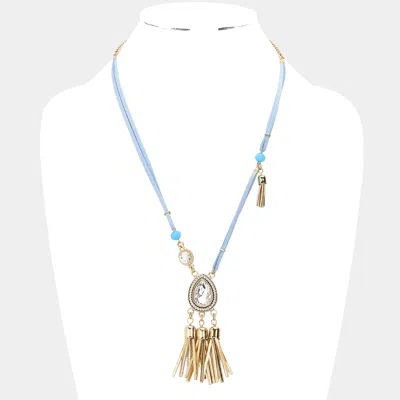 Fashnzfab Teardrop Stone Accented Tassel Pendant Necklace In Blue