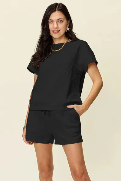 Truedames Full Size Texture Short Sleeve T-shirt And Drawstring Shorts Set In Black