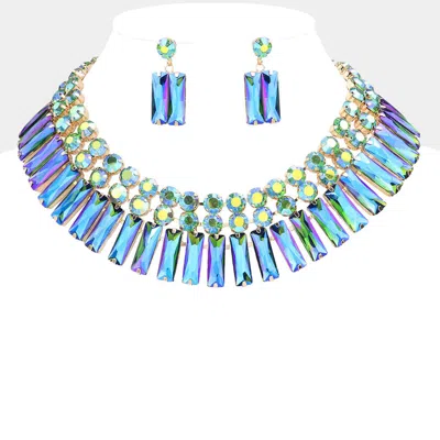 Fashnzfab Round Rectangle Stone Cluster Evening Necklace In Blue