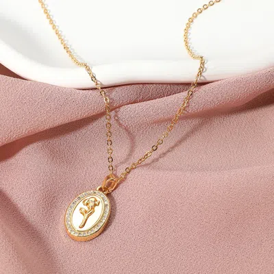 Fashnzfab Gold Dipped Cz Stone Paved Tulip Flower Embossed Mother Of Pearl Oval Pendant Necklace In Gold