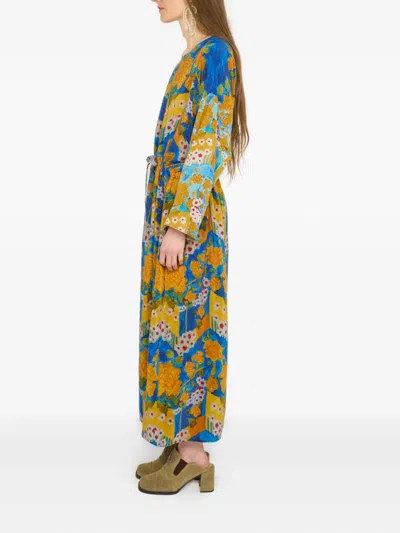 Anntian Floral-print Drawstring Midi Dress In Blue