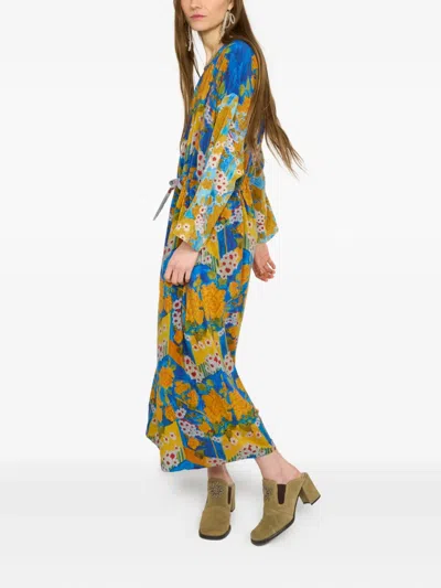 Anntian Floral-print Drawstring Midi Dress In Blue