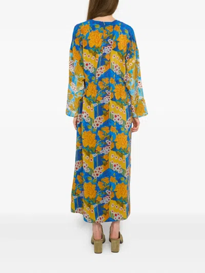 Anntian Floral-print Drawstring Midi Dress In Blue