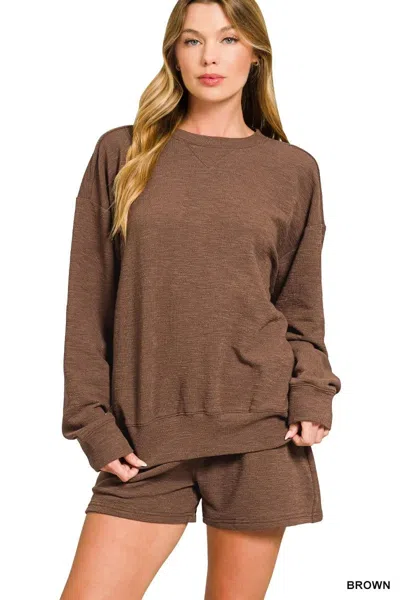 Truedames Slub Long Sleeve Top And Shorts Set In Brown
