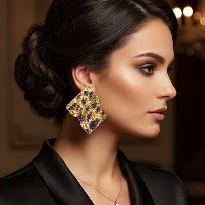 Fashnzfab Bling Studded Leopard Pattern Abstract Plate Earrings - Leopard In Brown