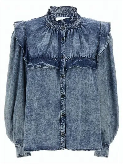 Isabel Marant Ruffled Neckline Lyocell Shirt With Gathered Cuffs In Blue