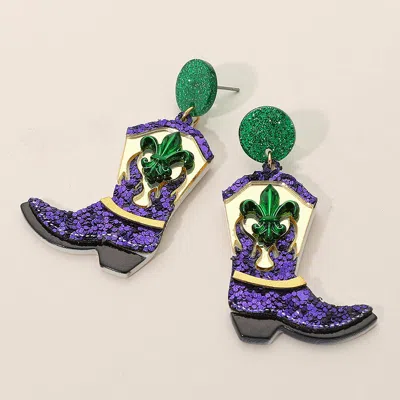 Fashnzfab Sequin Resin Mardi Gras Cowboy Boot Dangle Earrings - Multi In Gold