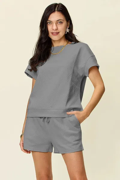 Truedames Full Size Texture Short Sleeve T-shirt And Drawstring Shorts Set In Gray