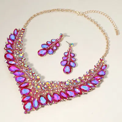 Fashnzfab Teardrop Marquise Round Stone Embellished V Shaped Evening Necklace In Gold