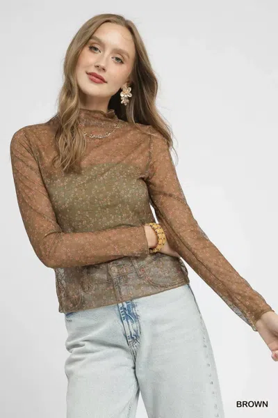 Truedames Nylon Lace Mesh Long Sleeve Top In Brown