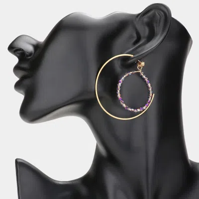 Fashnzfab Beaded Hoop Half Metal Hoop Earrings - Purple In Gold