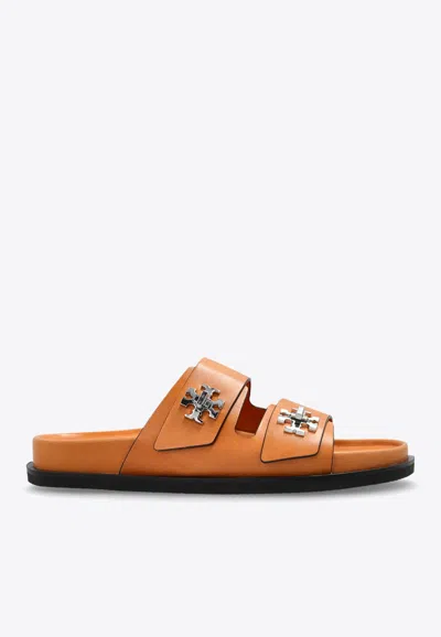 Tory Burch T-lock Leather Sport Slide Sandals In Brown