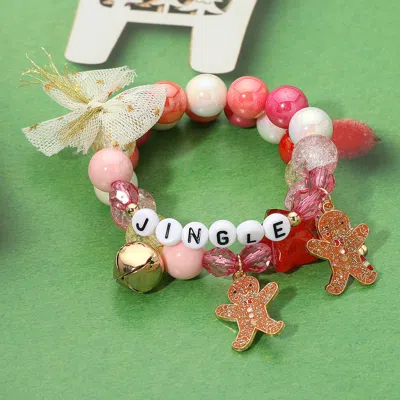 Fashnzfab 2pcs - Jingle Gingerbread Man Charm Bow Beaded Stretch Multi Layered Bracelets In Multi