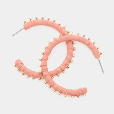 Fashnzfab Metal Ball Trimmed Raffia Wrapped Hoop Earrings - Peach In Pink
