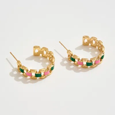 Fashnzfab 14k Gold Dipped Enamel Link Hoop Earrings - Gold, Pink & Green In Multi