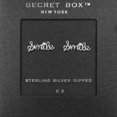 Fashnzfab Secret Box_sterling Silver Dipped Cz Smile Message Stud Earrings - Silver In Metallic