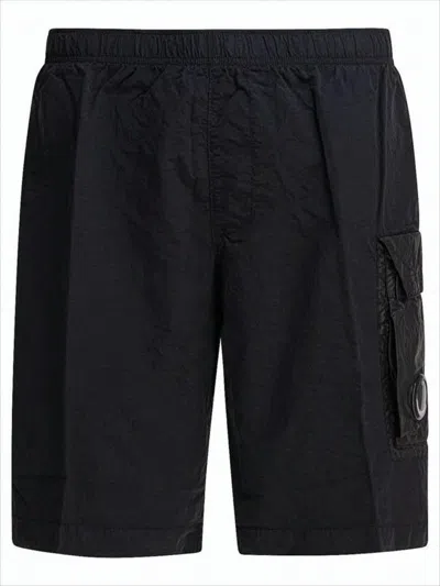 C.p. Company Black Minimalist Beach Shorts With Unique Lens Detail In Black