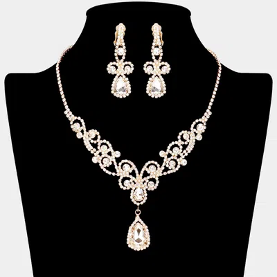 Fashnzfab Teardrop Crystal Rhinestone Vine Drop Collar Necklace Clip On Earring Set In Metallic