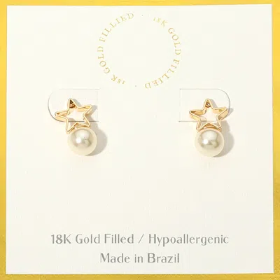 Fashnzfab 18k Gold Filled Hypoallergenic Open Star Pearl Stud Earrings - Gold In Gold