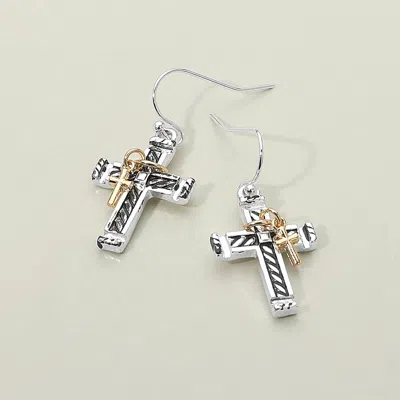 Fashnzfab Two Tone Double Cross Charm Dangle Earrings - Two Tone In Silver
