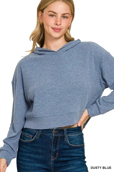 Truedames Drop Shoulder Ribbed Crop Hoodie In Blue